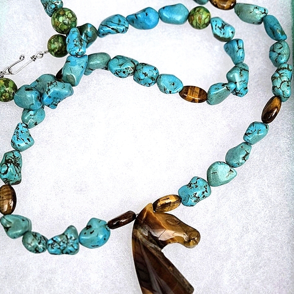 Vtg. KINGMAN MINE Turquoise & Tiger's Eye Beads With Horse Head 24" - Picture 5 of 12